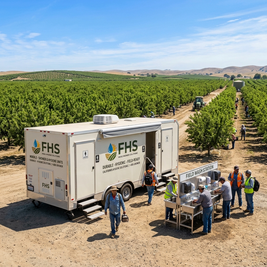 Agriculture field shower trailer parked at a Kern County farm orchard