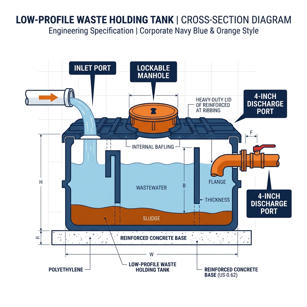Low-Profile Waste Holding Tank Cross-Section Technical Diagram