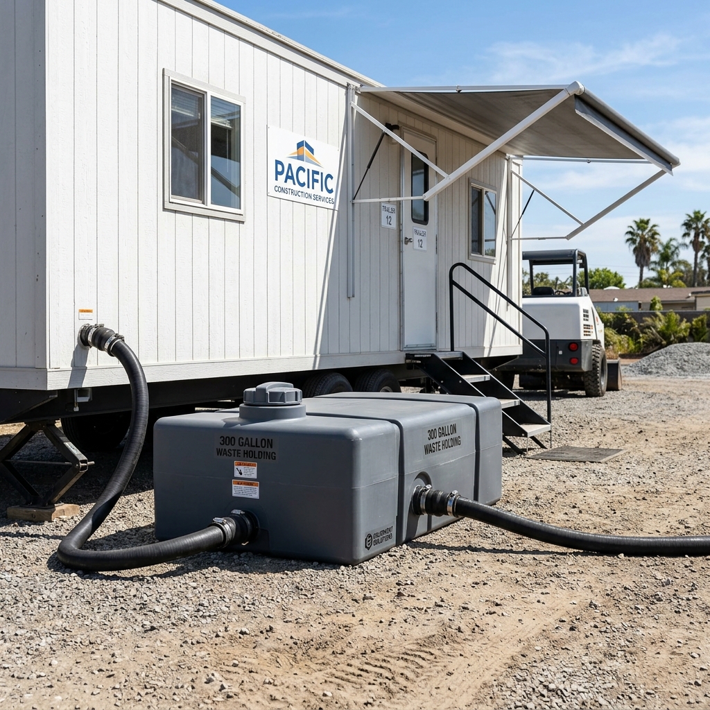 300-Gallon Waste Holding Tank Connected Under Construction Office Trailer