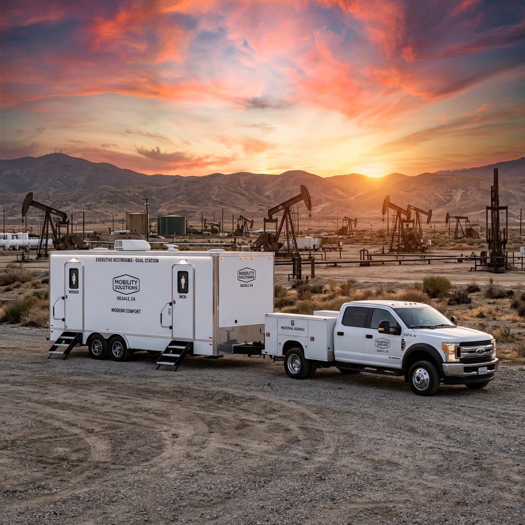 Executive Restroom Trailer Staged Staging near Active Oildale CA Pump Jacks