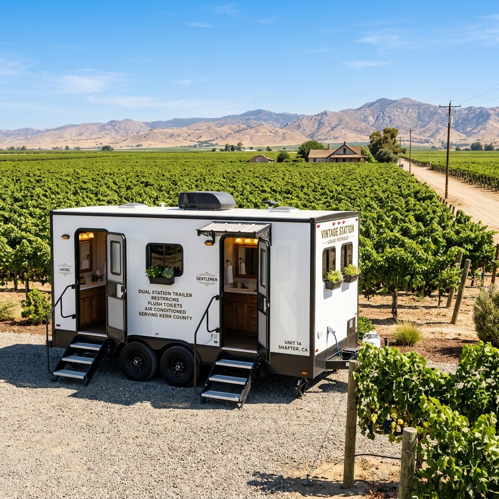 Executive Restroom Trailer Staging near Shafter CA Grape Vineyards